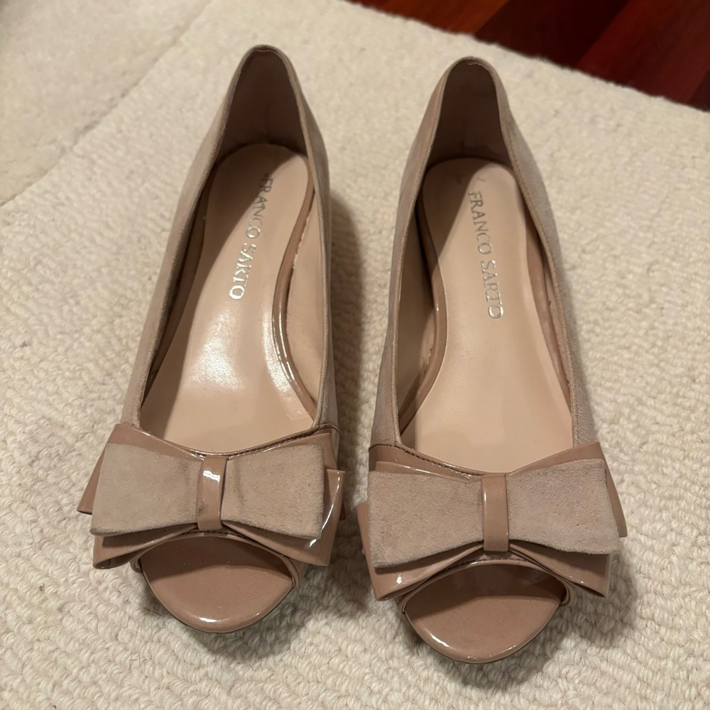 Franco Sarto Patent and Suede Bow Peep Toe Flats
